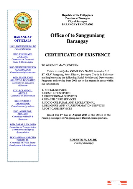 Philippines certificate of existence Word and PDF template